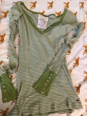 Hollister Green and White Striped V-Neck Long Sleeve Top with small buttons